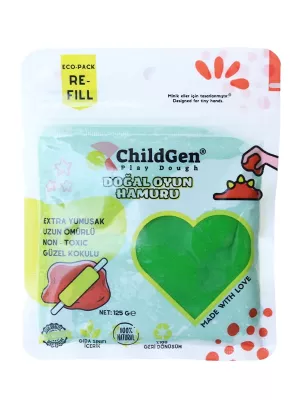 ChildGen Doğal Oyun Hamuru Yeşil Vakumlu Kartuş Paket (125 gr) Ecopack-Refill